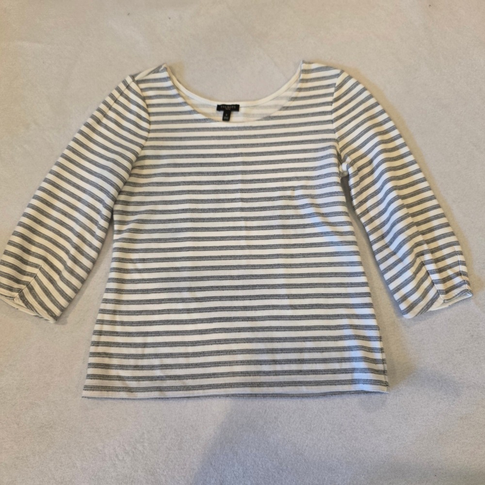 Talbots Petite Striped Knit Top 3/4 Sleeve Navy White Scoop Neck Size P Nautical